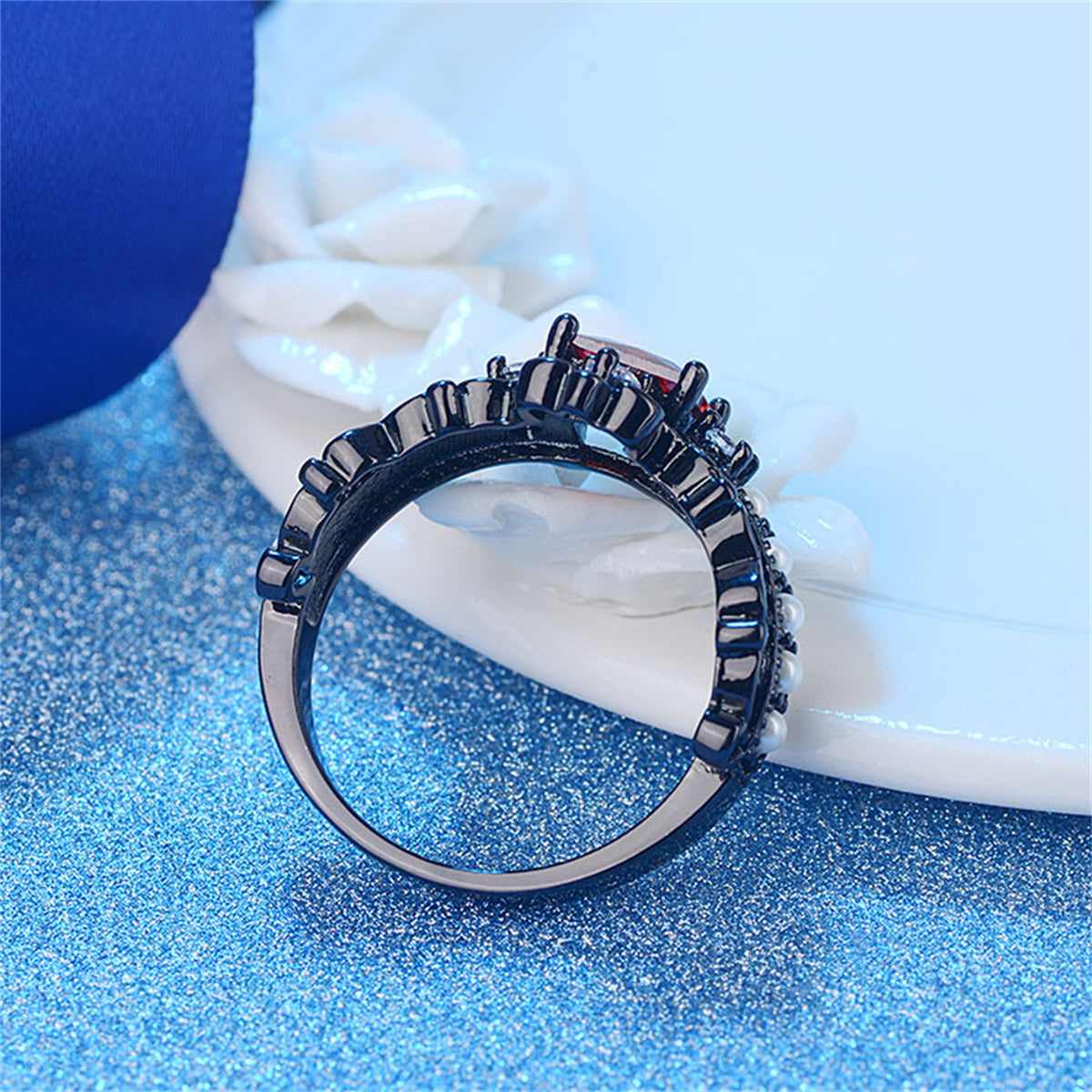 Red Crystal & Pearl Black-Tone Crown Ring Set-4
