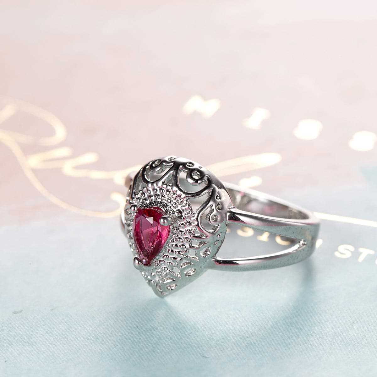 Red Crystal Pear-Cut Ring