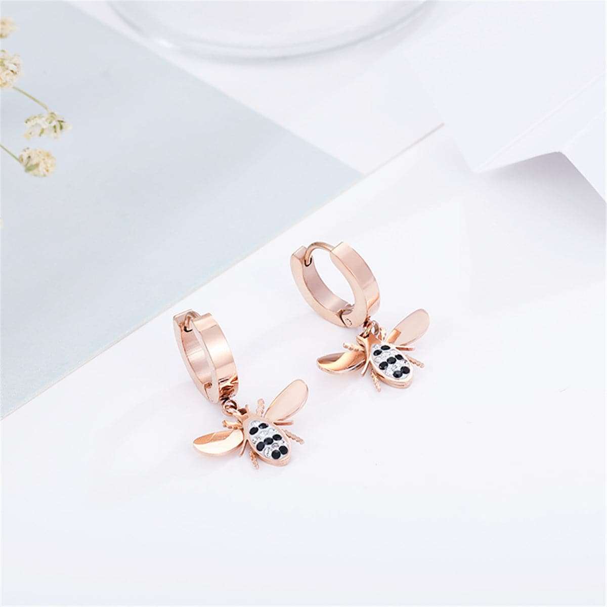 Cubic Zirconia & Rose Gold-Plated Bee Drop Earrings