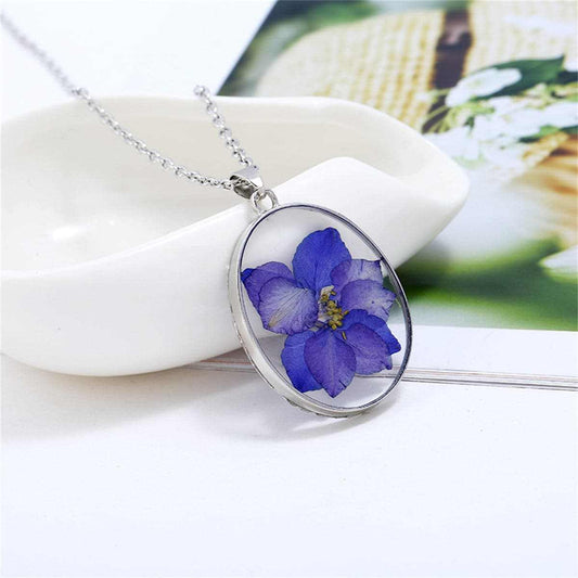 Purple Pressed Violet & Silvertone Oval Pendant Necklace
