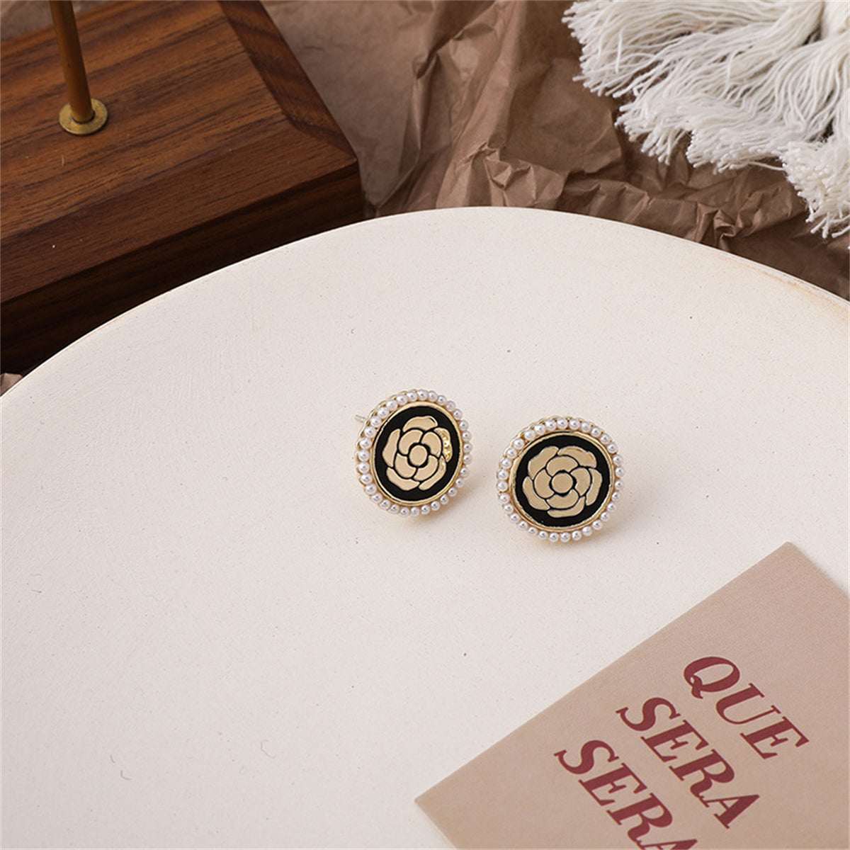 Black Enamel & Pearl Goldtone Camellia Stud Earrings