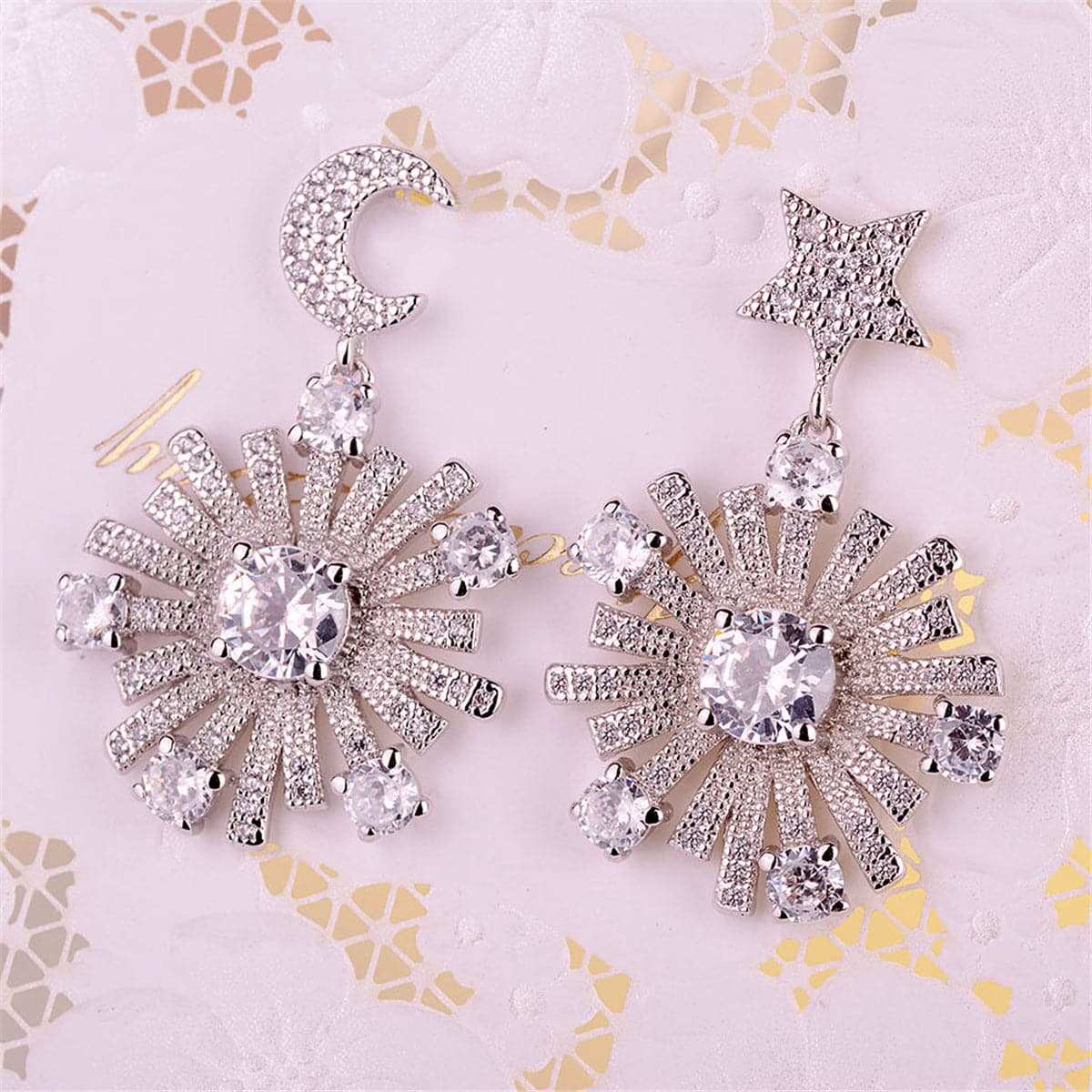 Cubic Zirconia & Silvertone Star Under Moon Drop Earrings