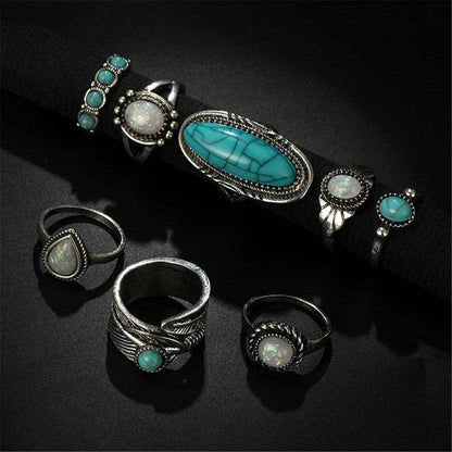 Turquoise & Silvertone Leaf Feather Ring Set