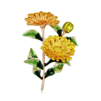 Yellow Enamel & Goldtone Flower Brooch