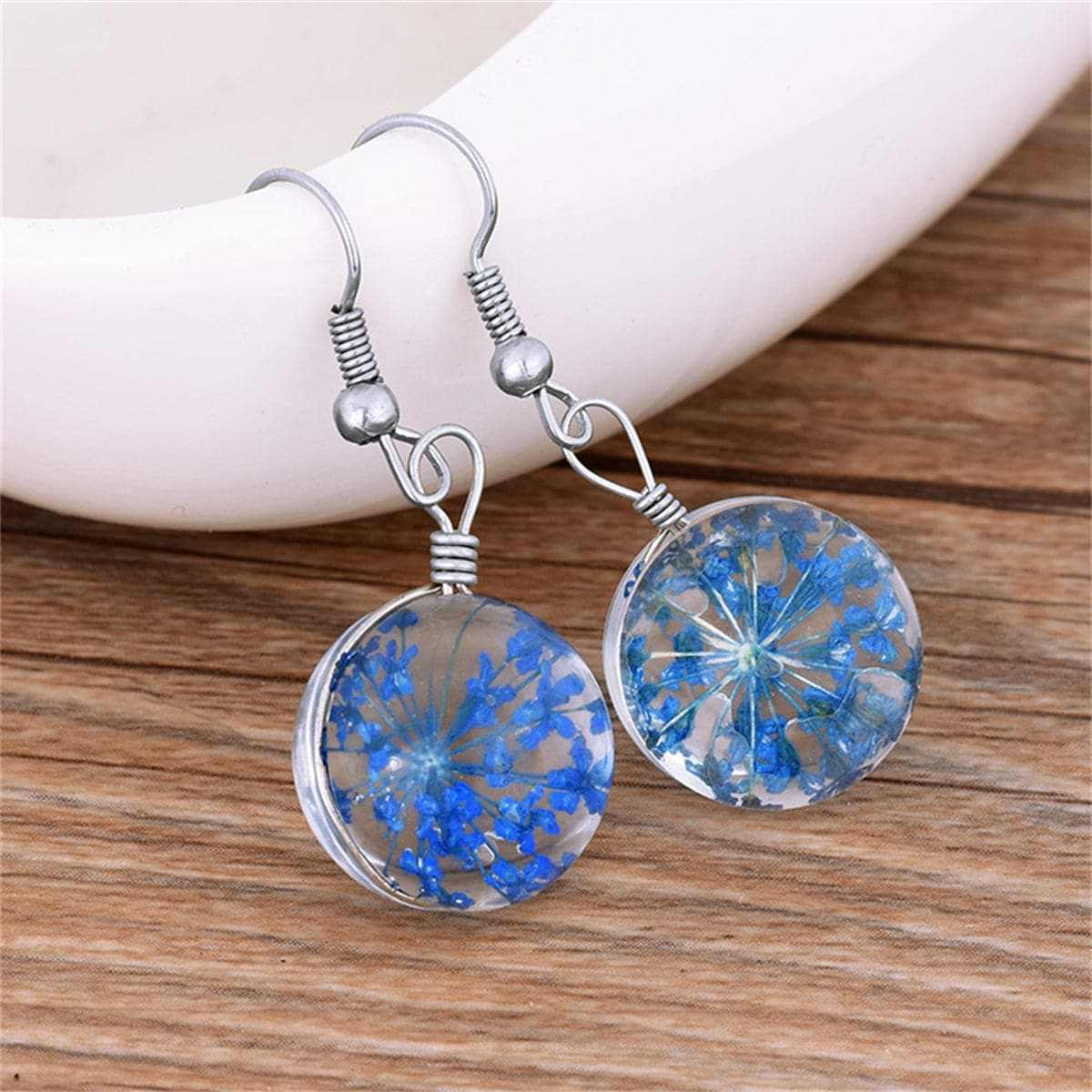 Blue Gypsophila & Silvertone Drop Earrings