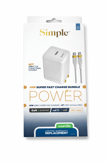 Simple 45w Super Fast Charge Bundle (Usb-C Wall Charger + 6ft Usb-C Cable)