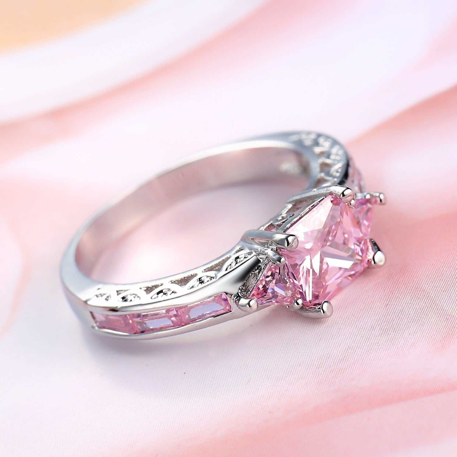Pink Crystal & Silvertone Prong Illusion Ring-2