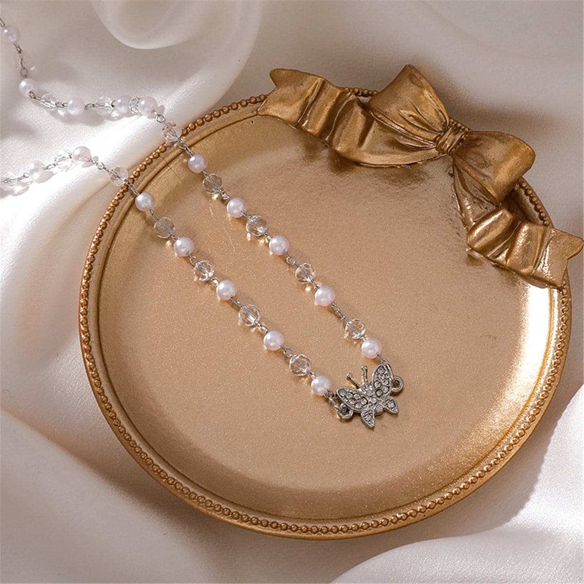 Cubic Zirconia & Pearl Silvertone Butterfly Station Pendant Necklace