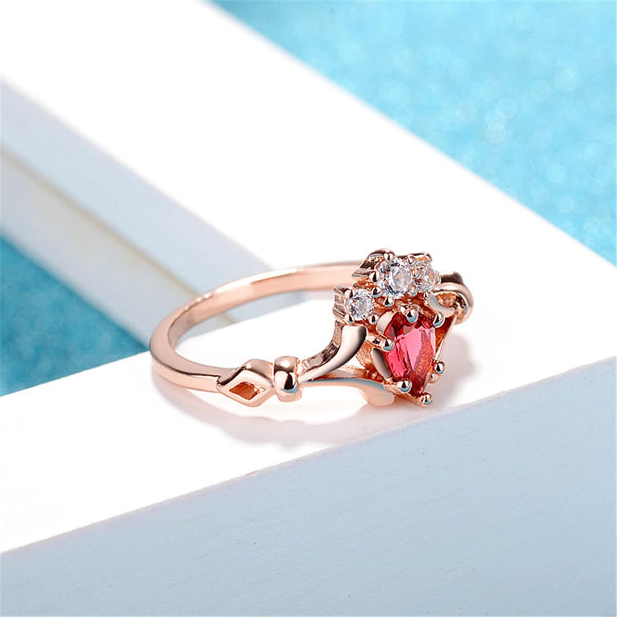 Red Crystal & Cubic Zirconia Crown Ring-3
