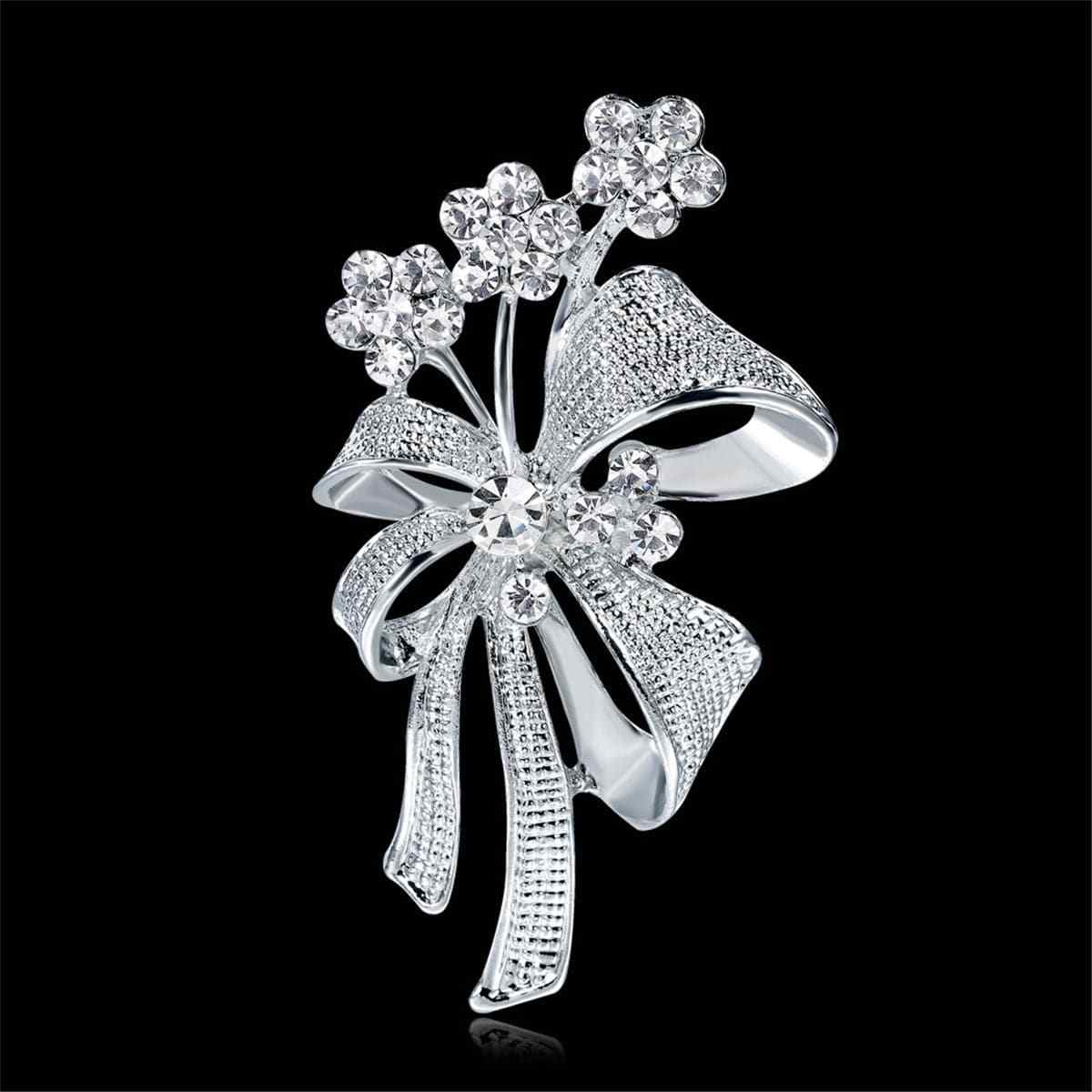 Cubic Zirconia & Silvertone Bow Botany Brooch