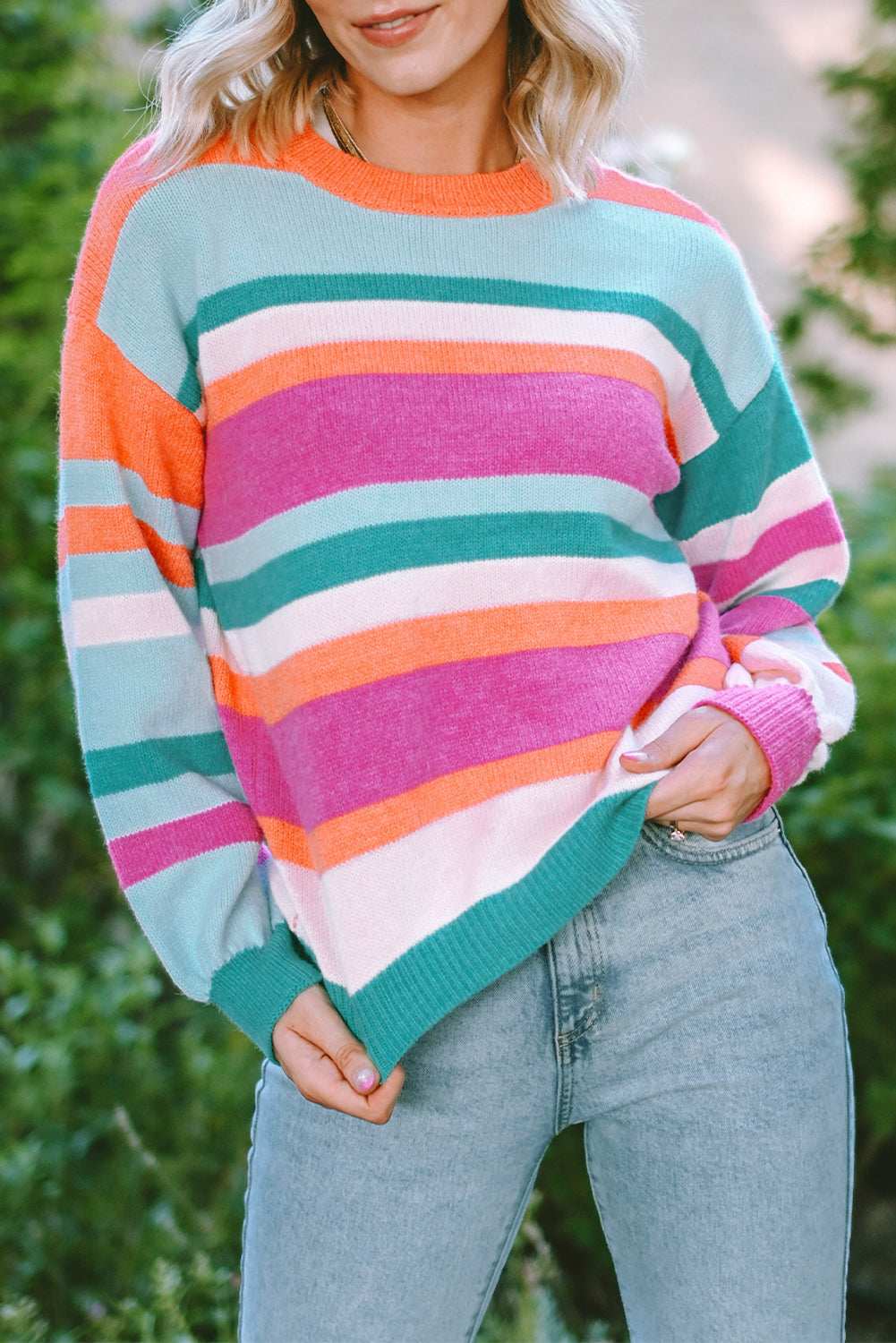Ivy Knit Drop Shoulder Puff Sleeve Sweater - Multicolor / M - 8/10