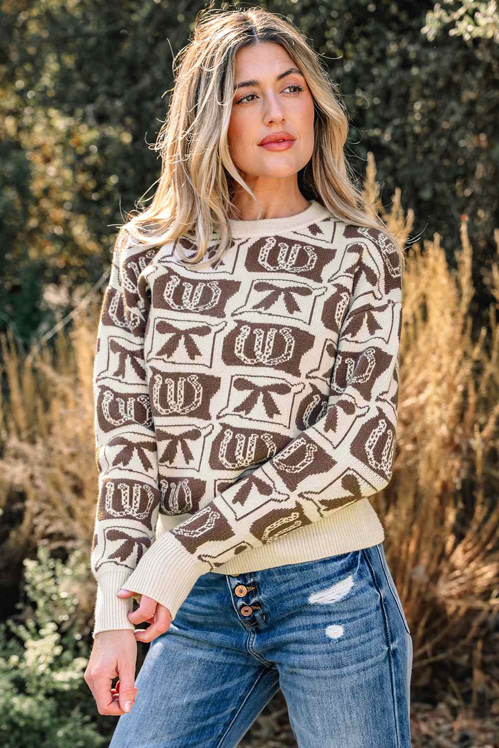 Sofia Western Fashion Print Sweater - Brown / L - 12/14