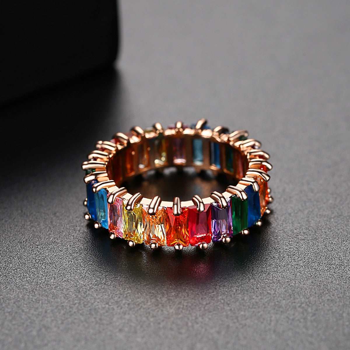 Blue Rainbow Crystal & Goldtone Band Ring-1