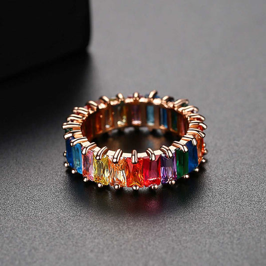 Blue Rainbow Crystal & Goldtone Band Ring-1