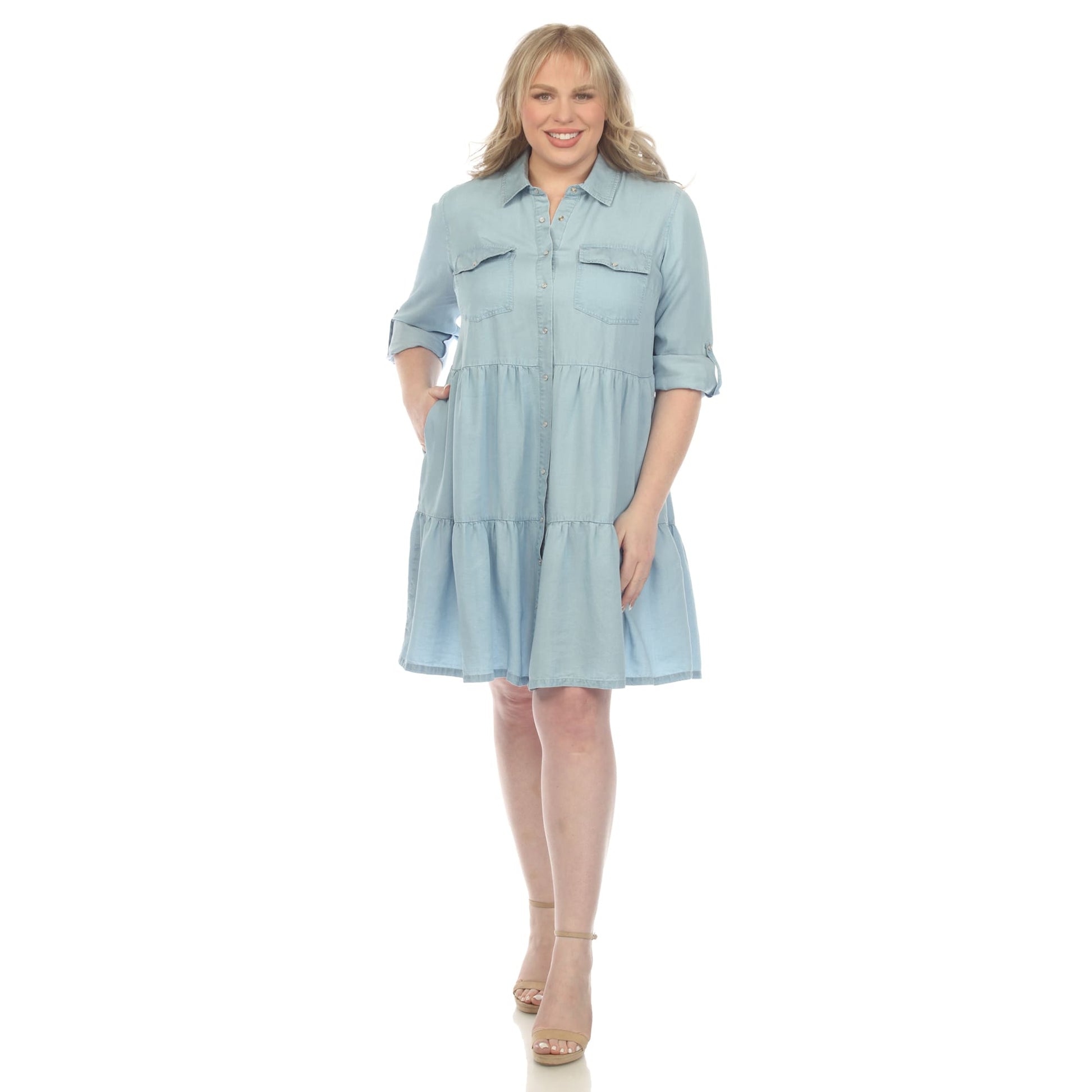 chambray tiered midi dress White Mark Women's Plus Size Long Sleeve Tiered Midi Shirt Dress – Zulily