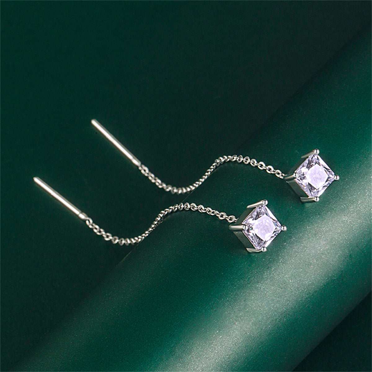 Purple Crystal & Silvertone Cube Threader Earrings