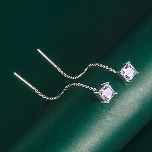 Purple Crystal & Silvertone Cube Threader Earrings