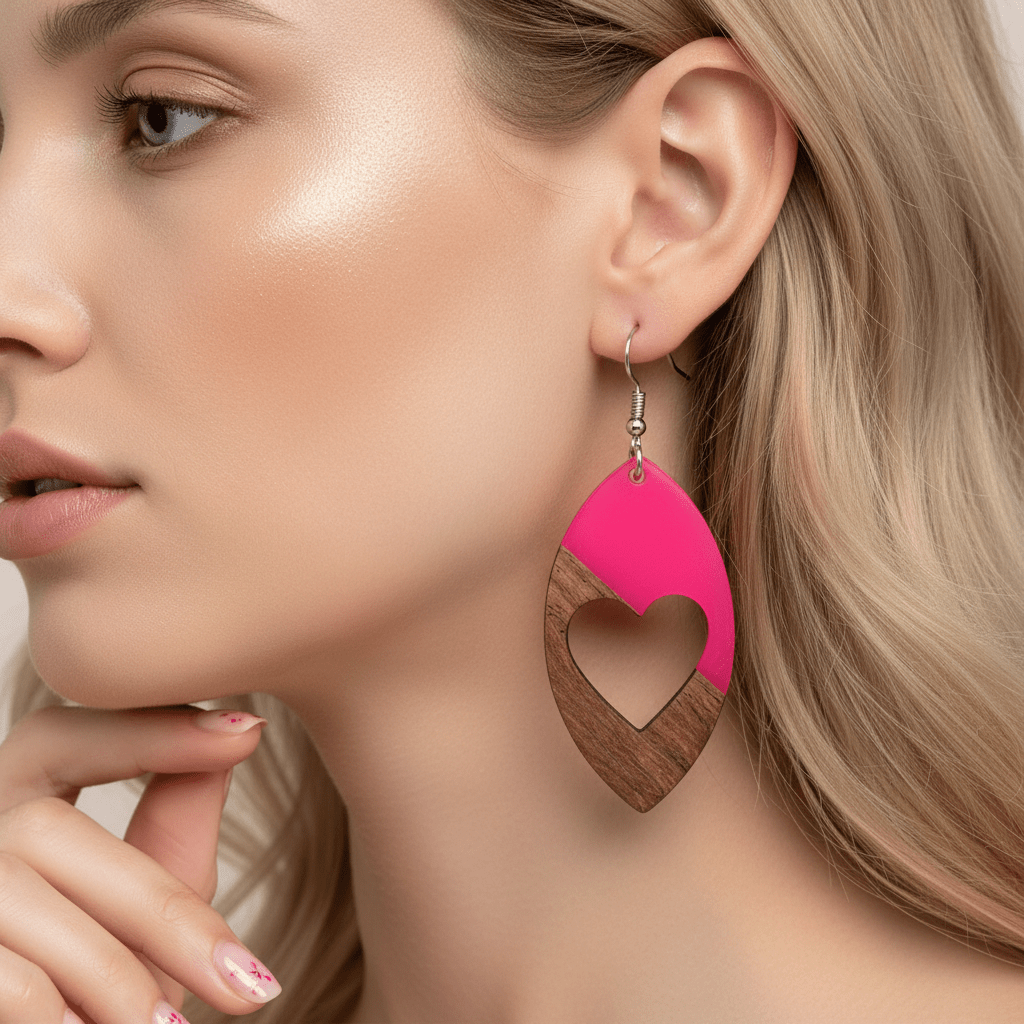 Rose Resin & Wood Silvertone Heart Leaf Hook Earrings