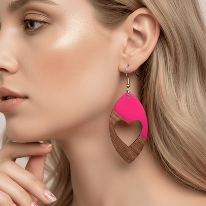 Rose Resin & Wood Silvertone Heart Leaf Hook Earrings