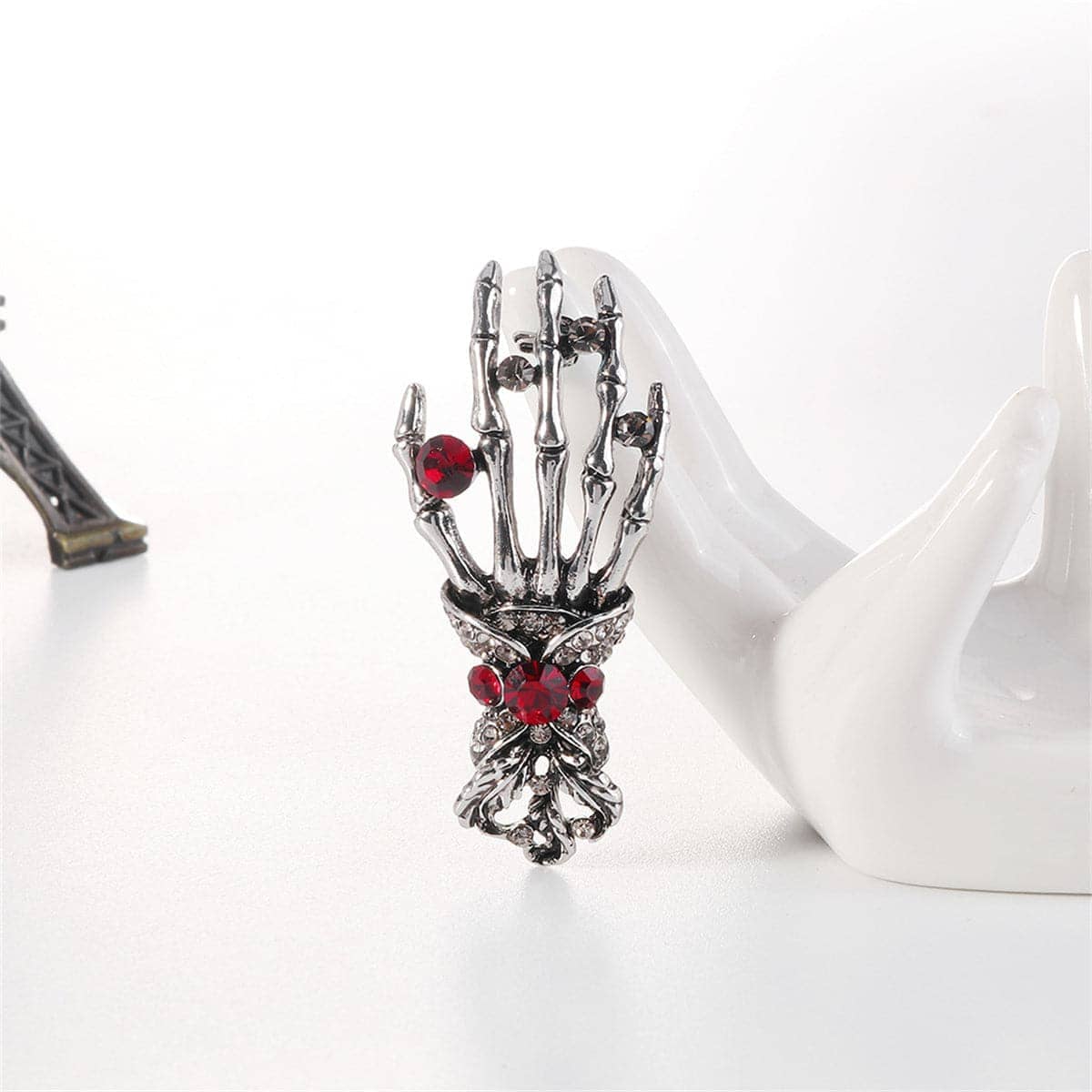 Cubic Zirconia & Silvertone Skeleton Hand Brooch