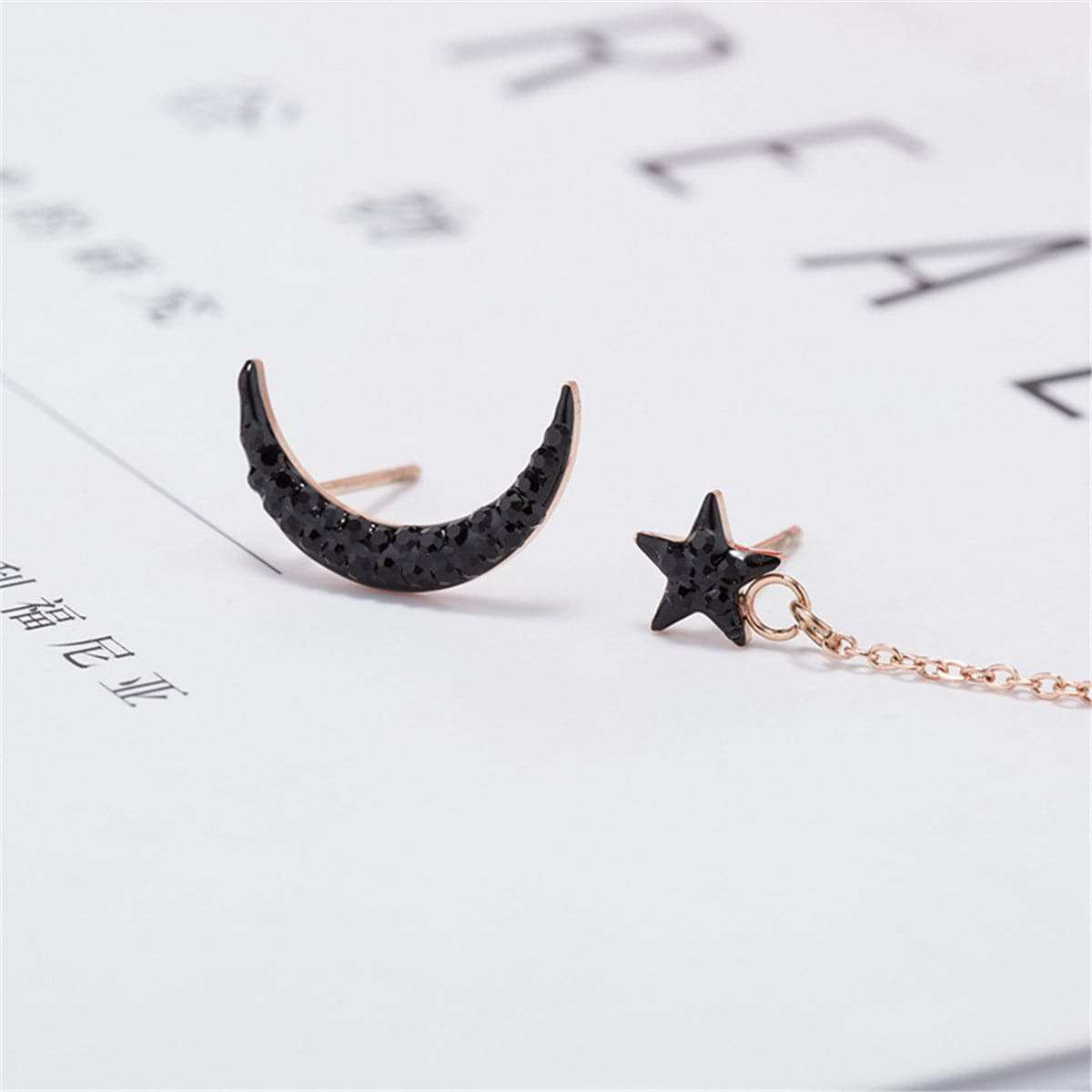 Black Cubic Zirconia & Rose Goldtone Moon Stud & Drop Earrings