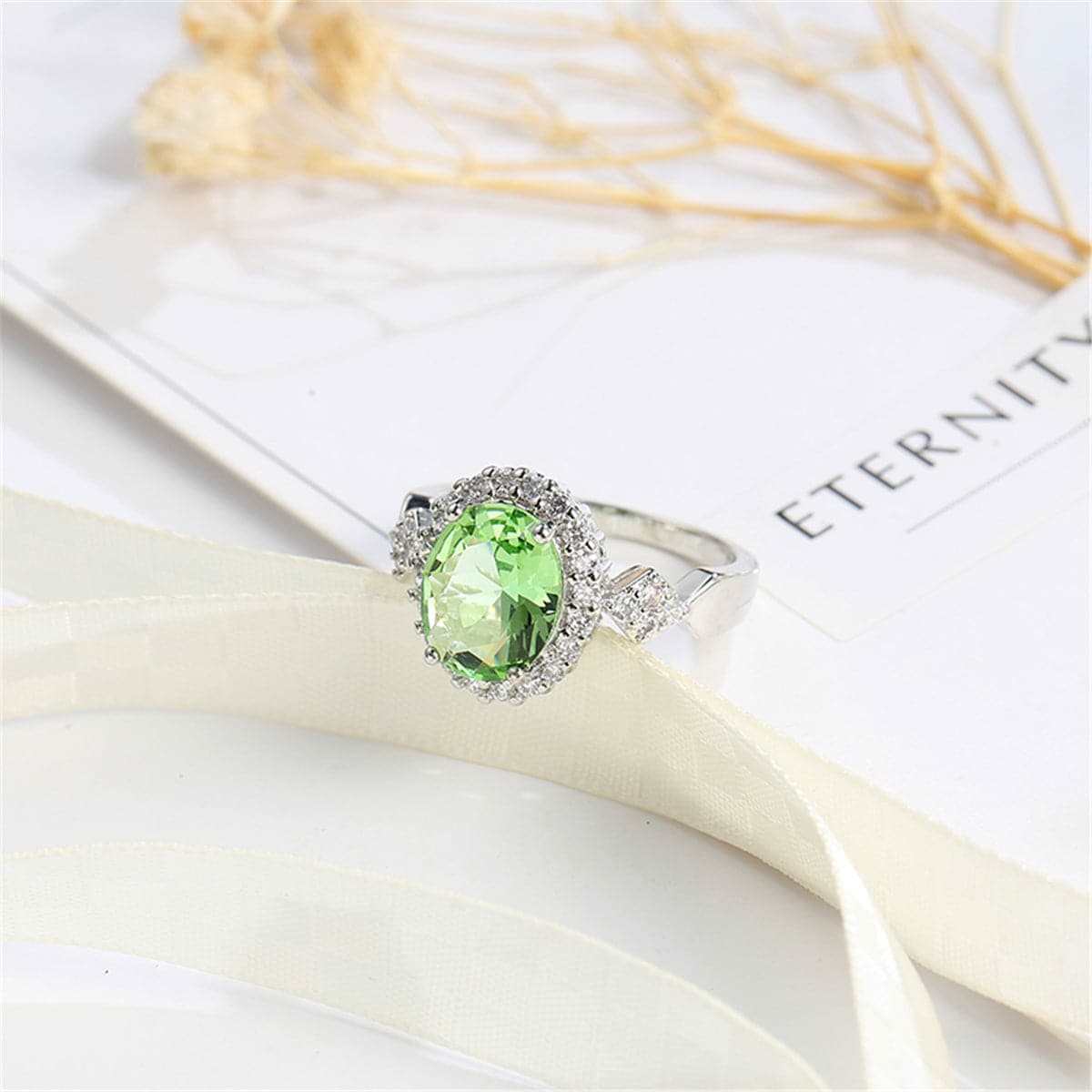 Apple Green Cubic Zirconia & Crystal Halo Oval Ring
