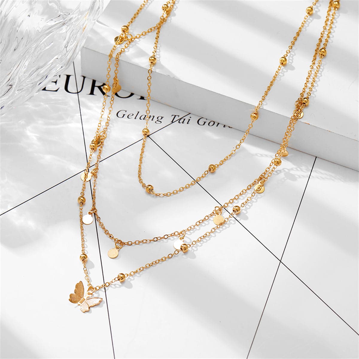 Goldtone Butterfly Layered Station Necklace