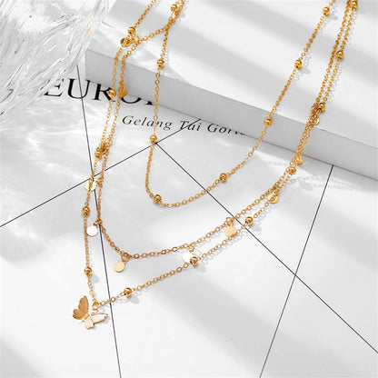 Goldtone Butterfly Layered Station Necklace