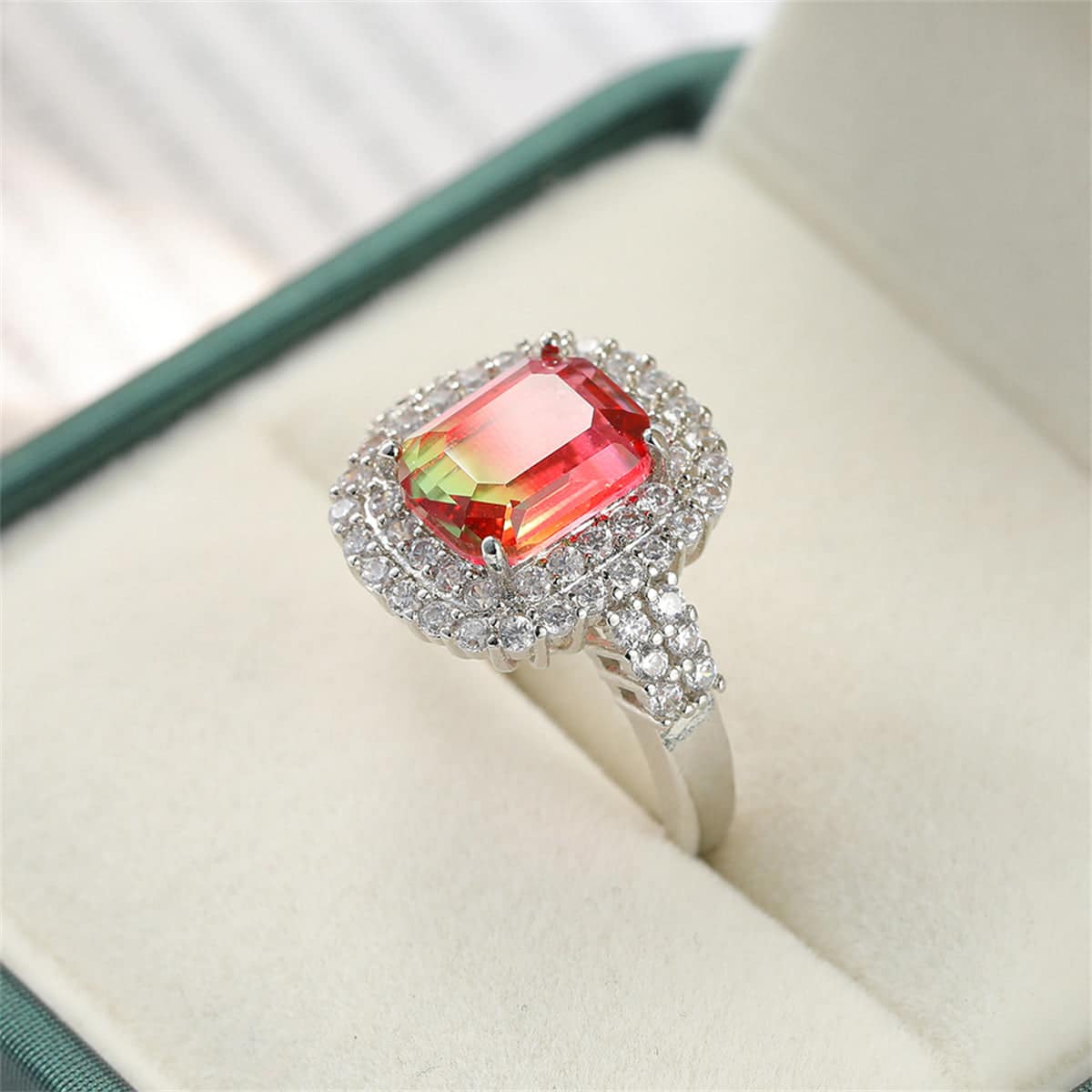 Red-green Crystal & Cubic Zirconia Radiant-Cut Halo Ring-1