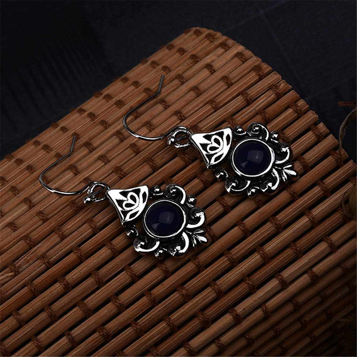 Retro Blue Crystal & Silvertone Filigree Drop Earrings