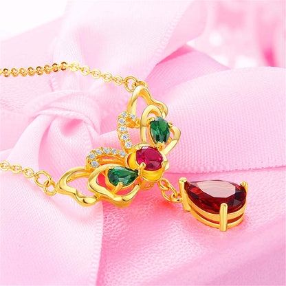 Red Crystal & Cubic Zirconia Butterfly Pendant Necklace-4