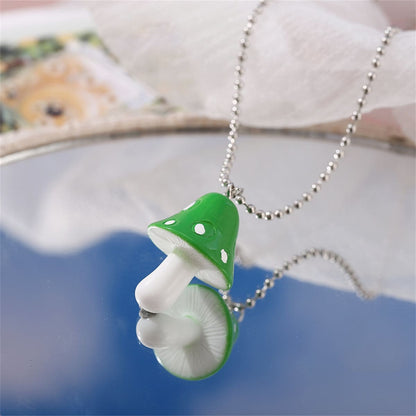 Green Resin & Silvertone Ball Chain Mushroom Pendant Necklace