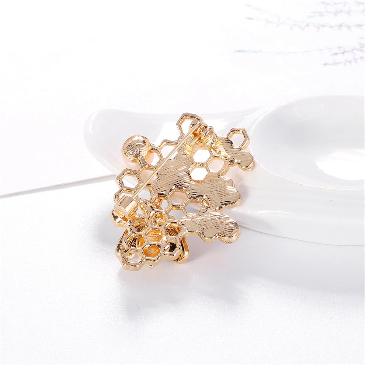 Black Cubic Zirconia & Yellow Enamel Pearl Goldtone Bee & Honeycomb Brooch