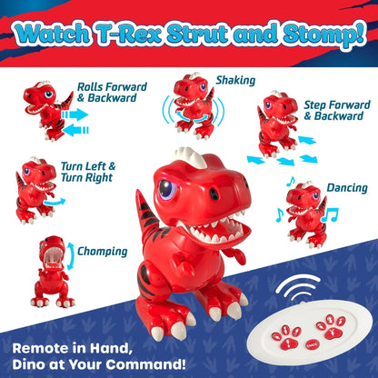 Red robot dino, white remote, and blue, grey and black food.-