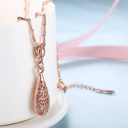 Rose Goldtone Filigree Teardrop Pendant Necklace