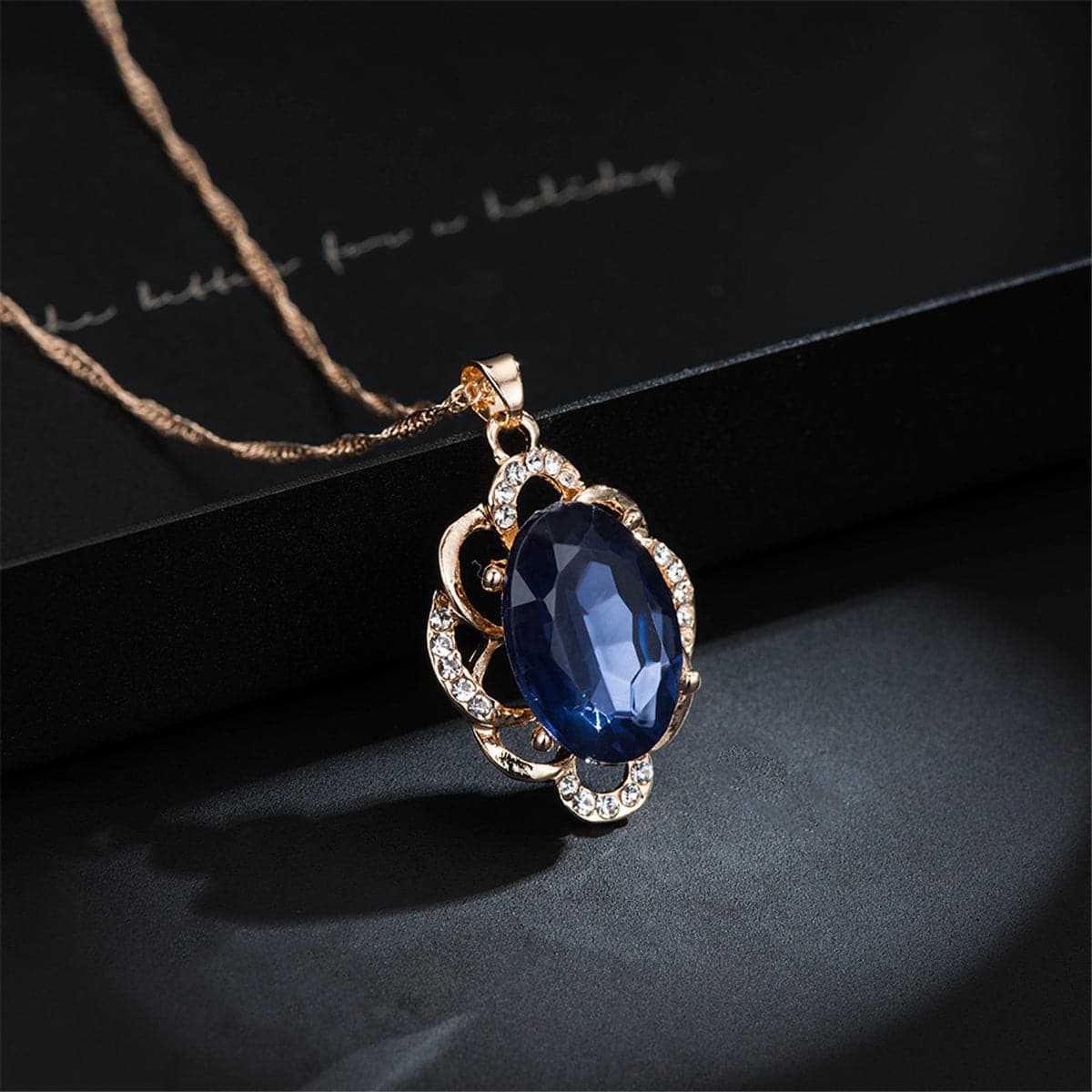 Blue & Rose Goldtone Oval Pendant Necklace & Stud Earrings