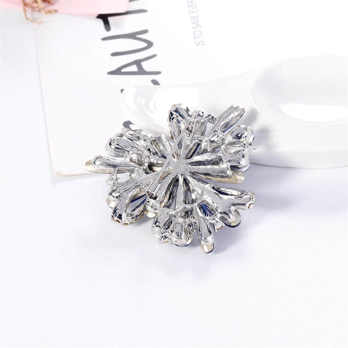 Blue Crystal & Silvertone Floral Brooch