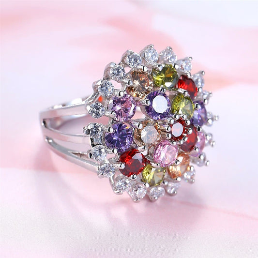 Jewel-Tone Cubic Zirconia & Silvertone Sunflower Ring