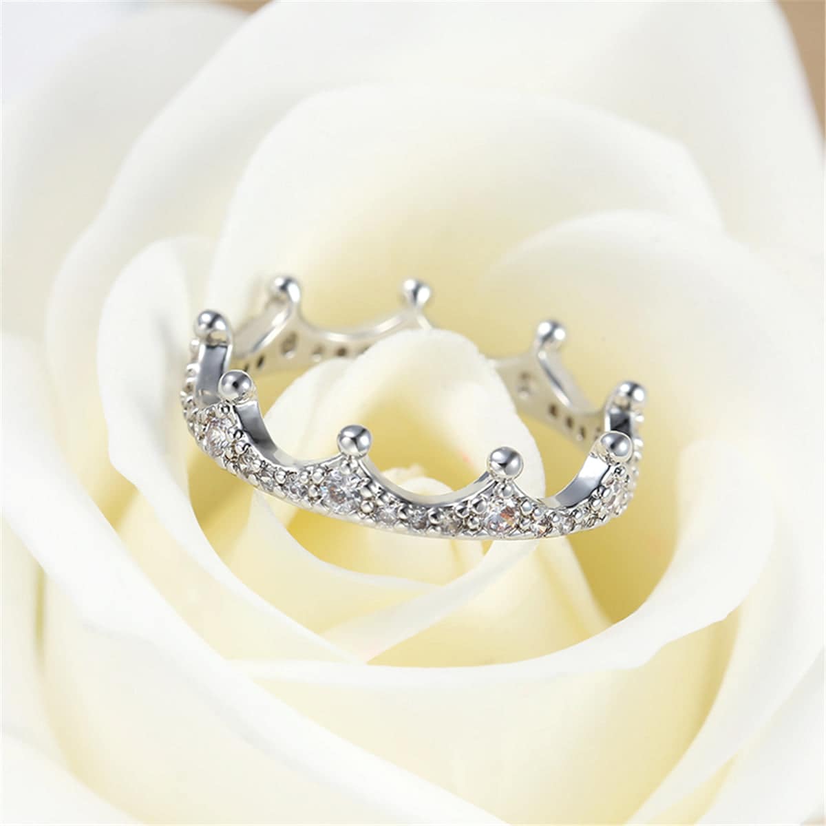 Cubic Zirconia & Silvertone Crown Band Ring-3