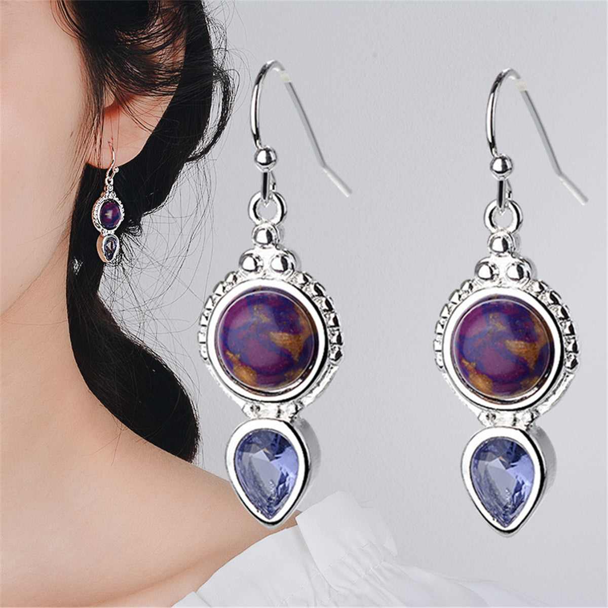 Purple Turquoise & Crystal Silvertone Pear-Cut Drop Earrings