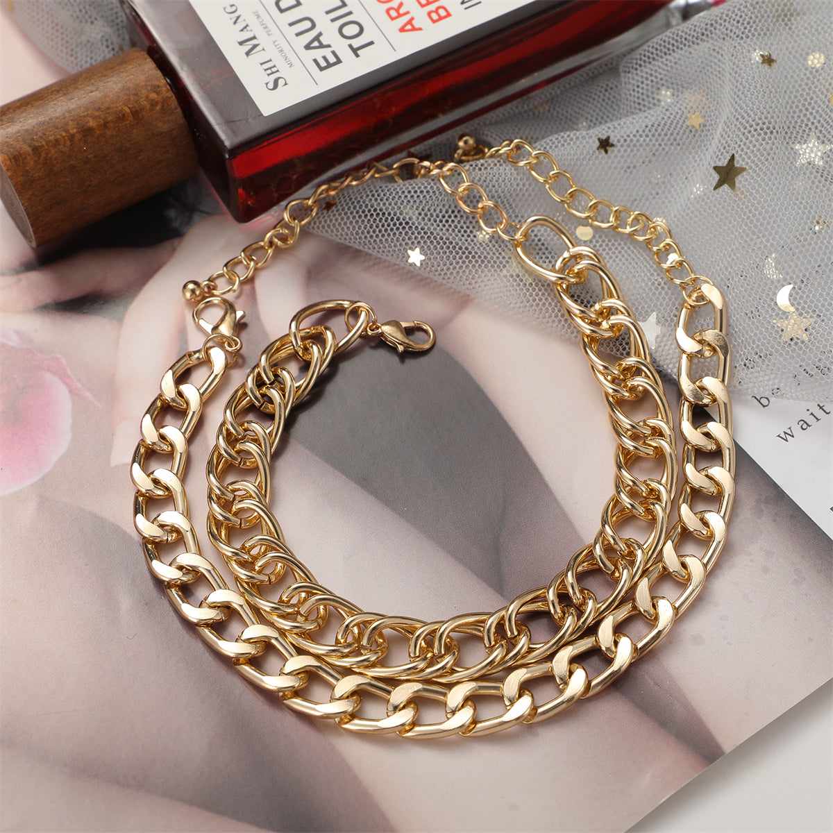 Goldtone Thick Curb Chain Anklet & Thin Curb Chain Anklet