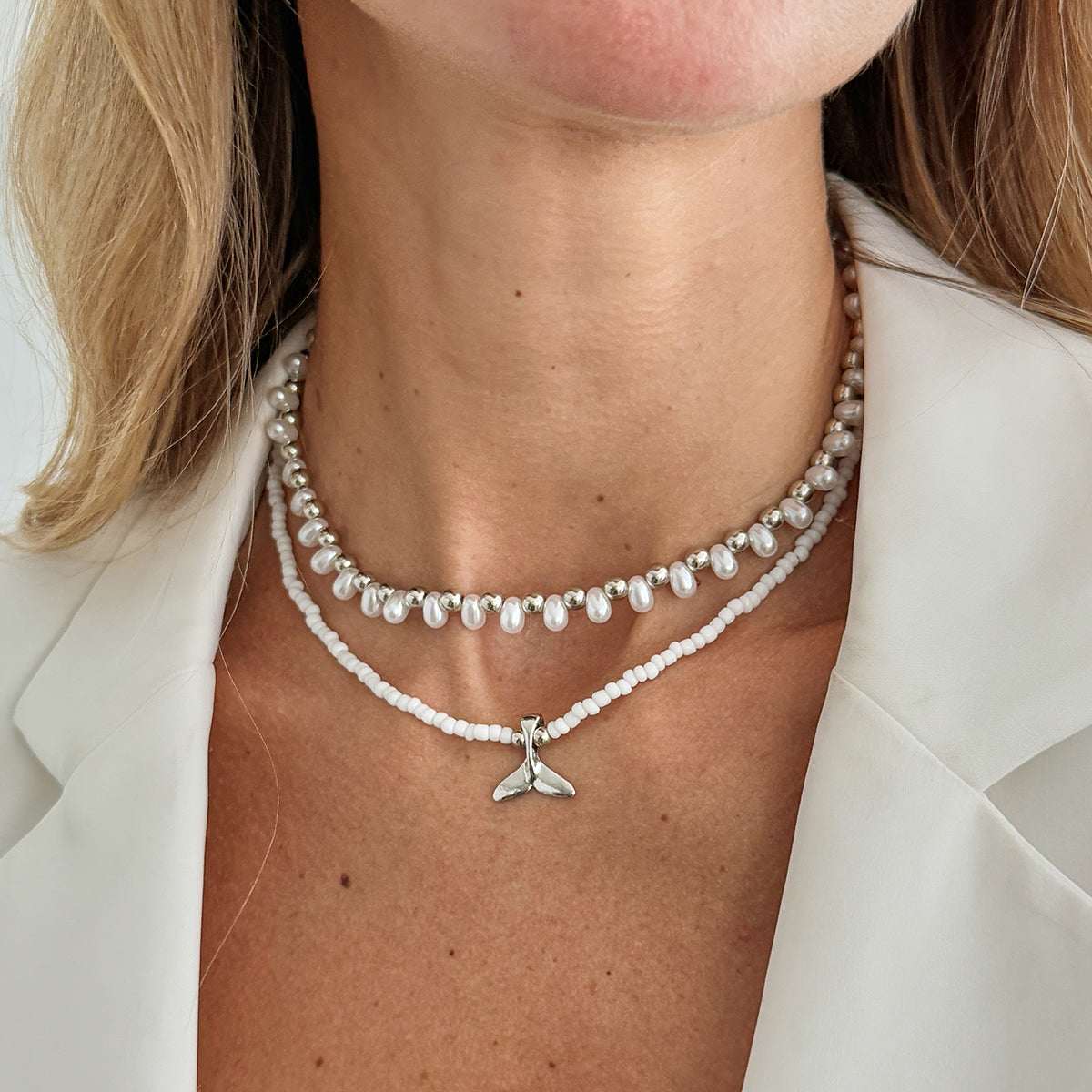 Pearl & Howlite Silvertone Fishtail Pendant Necklace Set