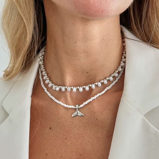 Pearl & Howlite Silvertone Fishtail Pendant Necklace Set