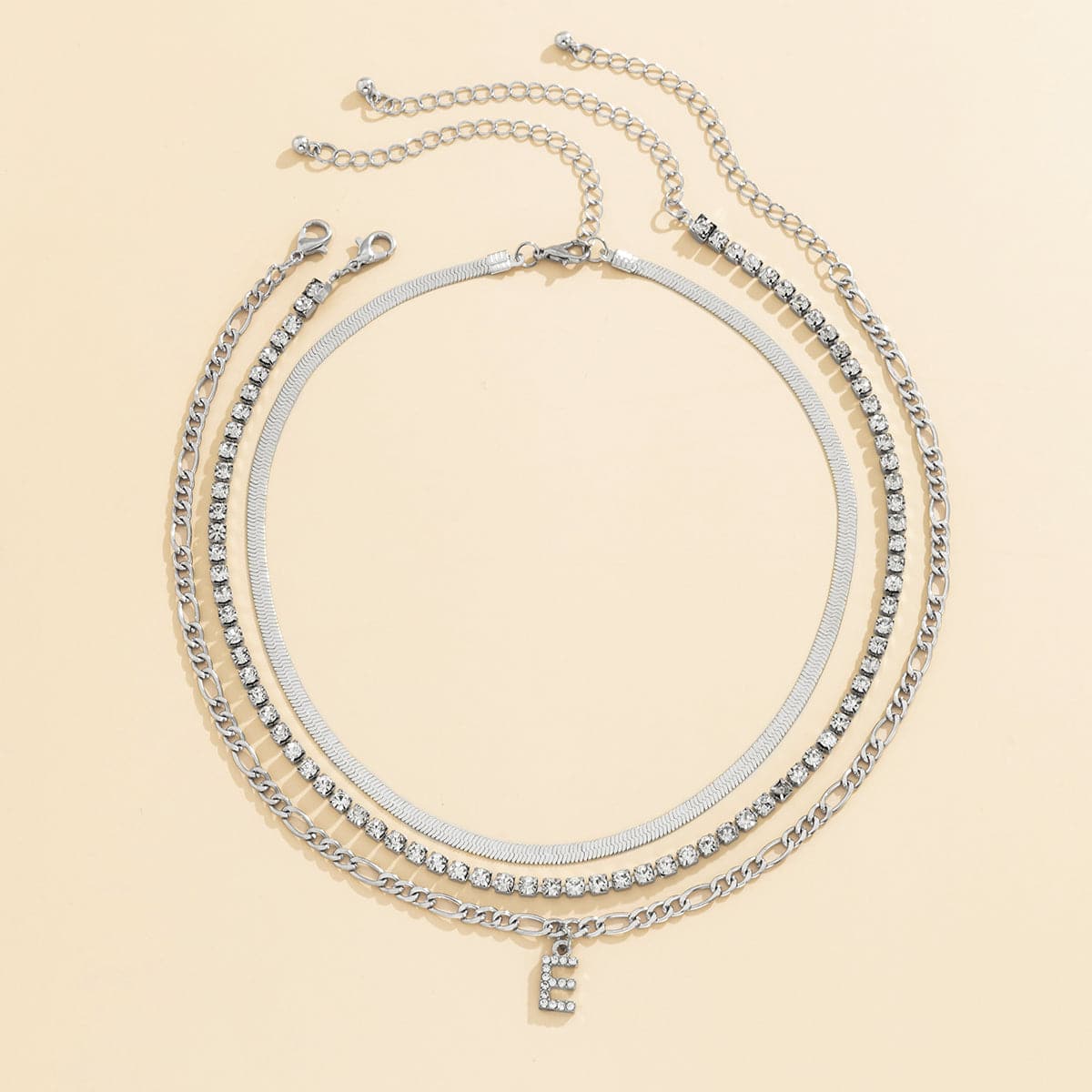 Cubic Zirconia & Silvertone Letter 'E' Chain Link Necklace Set