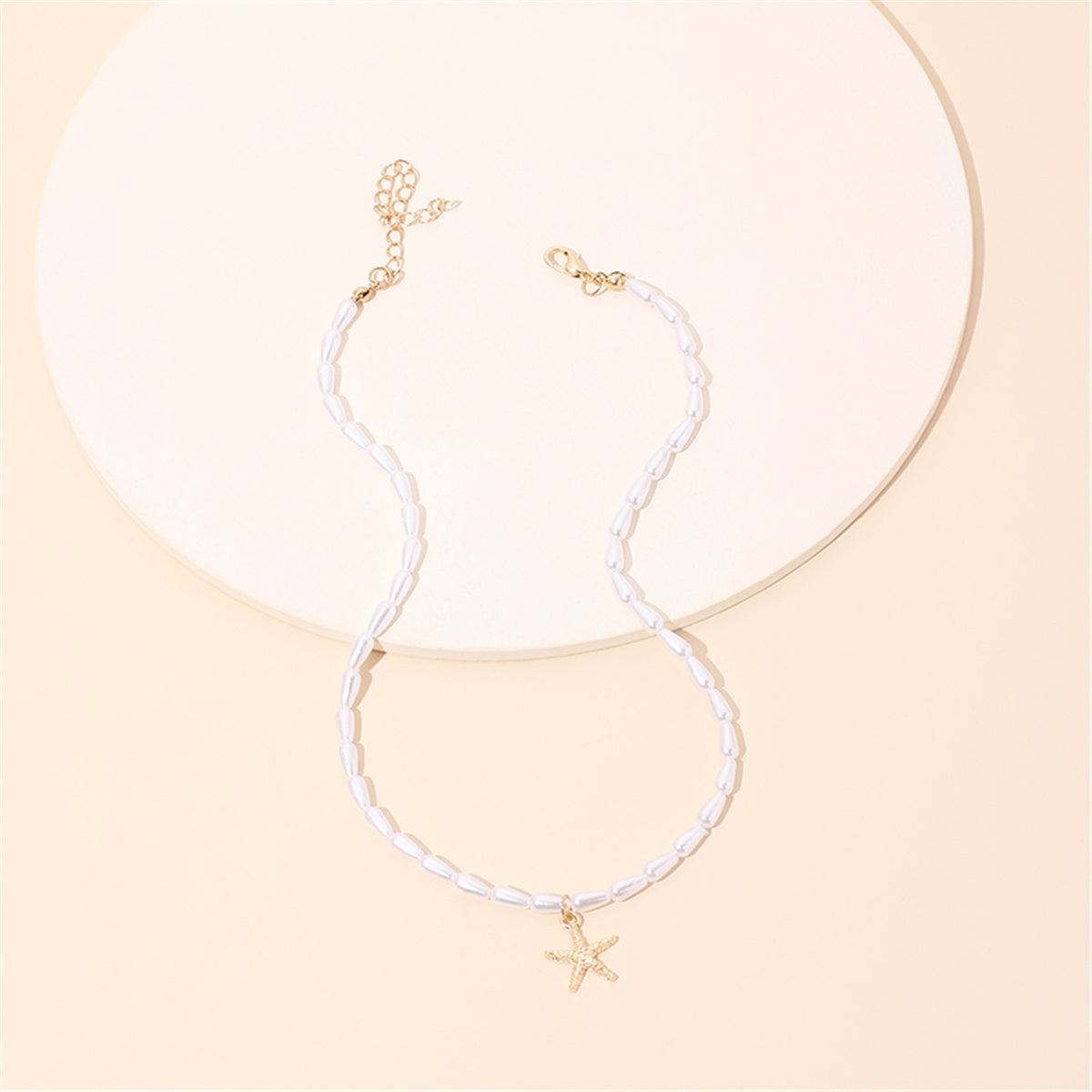 Pearl & Goldtone Beaded Starfish Choker Necklace