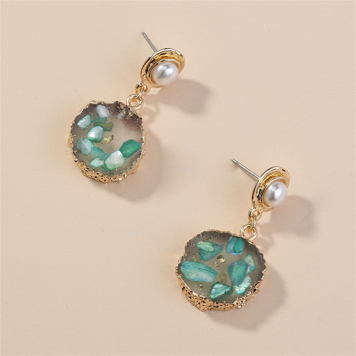 Green Resin & Pearl Goldtone Tiered Drop Earrings