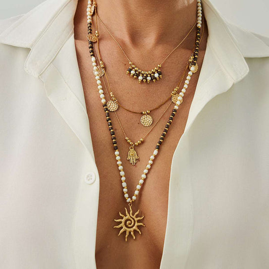 Black Howlite & Polyster Goldtone Hamsa Sun Pendant Necklace Set