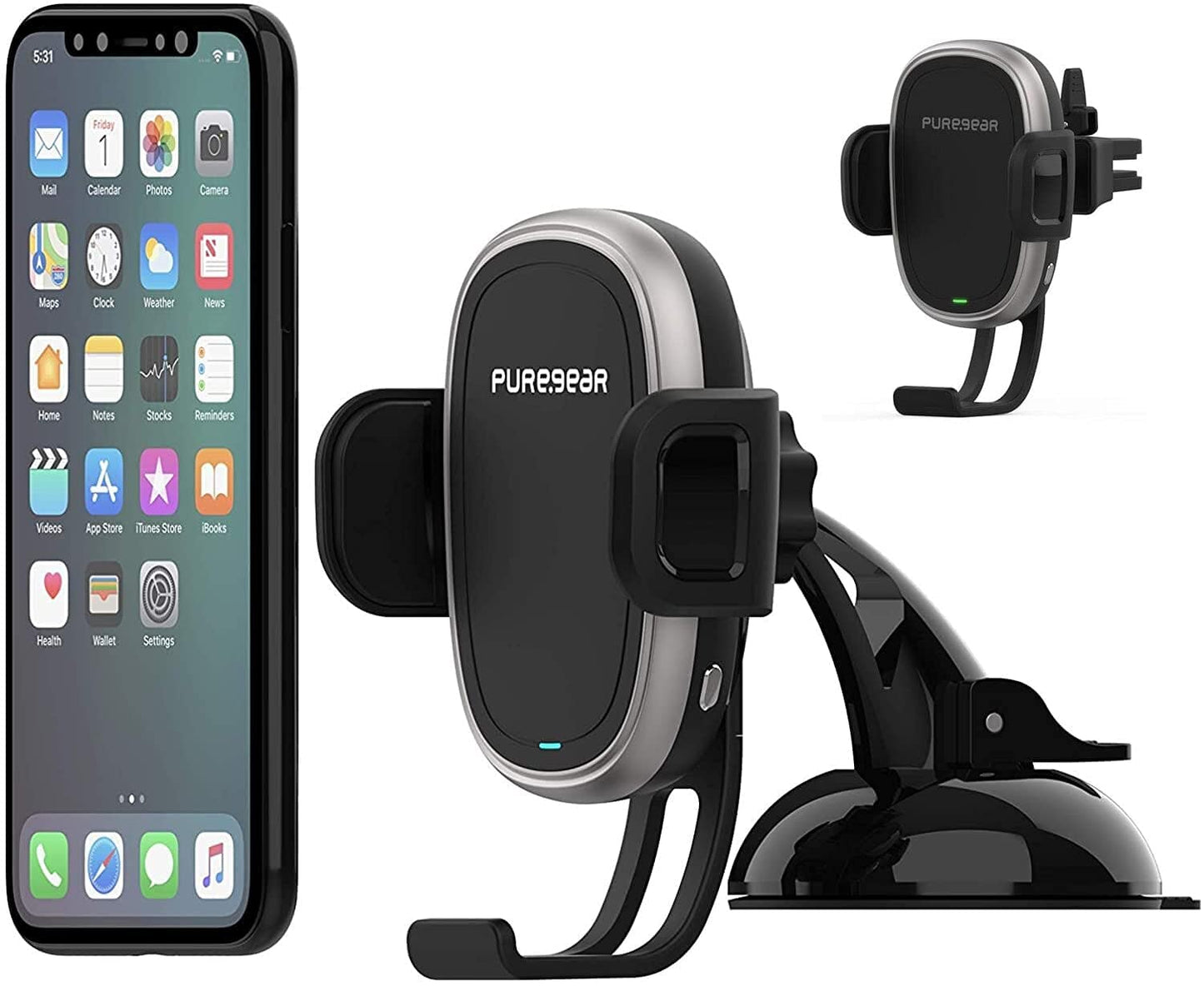Puregear Autogrip 7.5w/10w Qi-Certified Wireless Car Charger, Self-Gripping System, 3ft. Usb-C Charging Cable, Air Vent Clip + Dash Mount, for Qi Enabled Phone - Iphone 13/12, Galaxy S21/20, & More