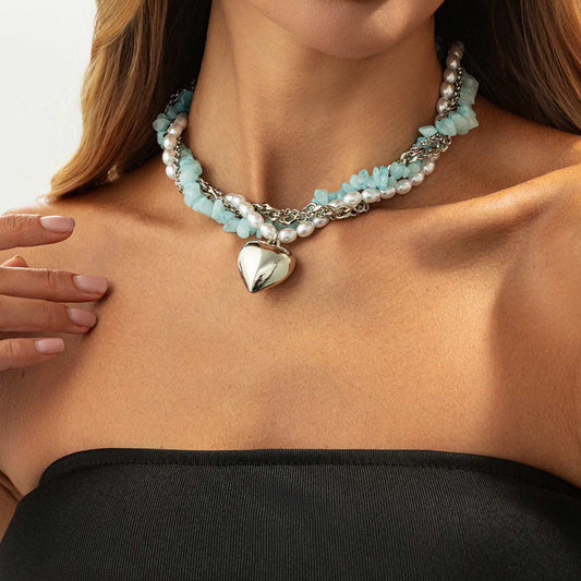 Blue Resin & Pearl Silvertone Heart Pendant Layered Necklace