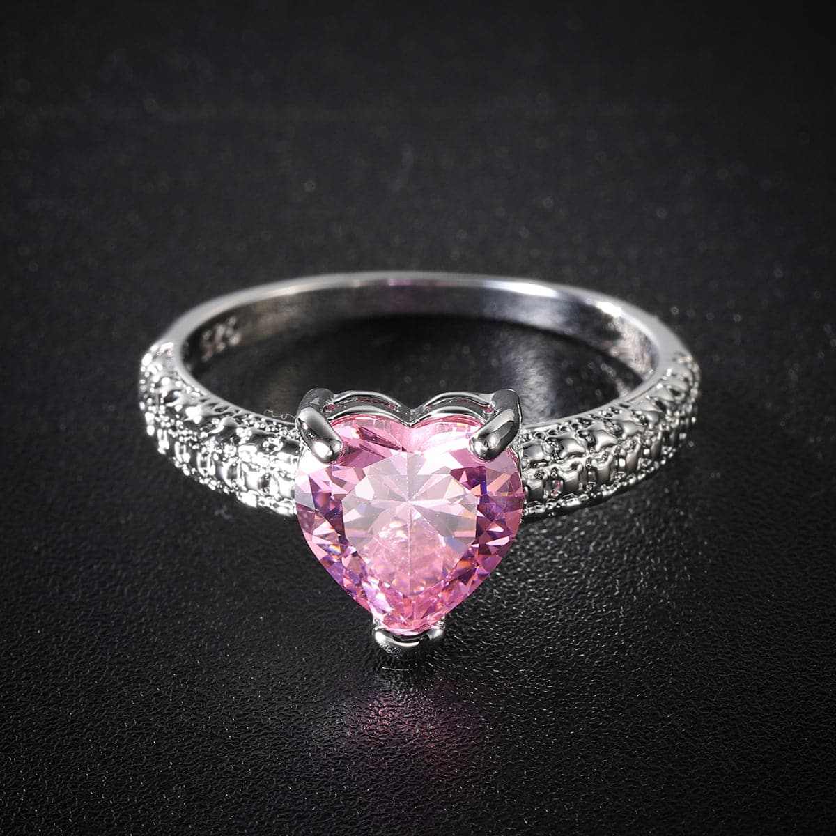 Pink Crystal & Silvertone Heart Ring-2